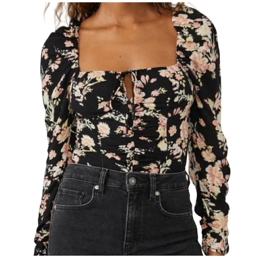 Nwt Free People "Hilary" Women's Floral Top Size Medium Black Combo